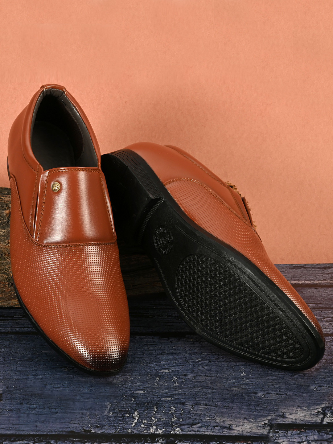 INVICTUS Men Tan Brown Textured Formal Slip-Ons