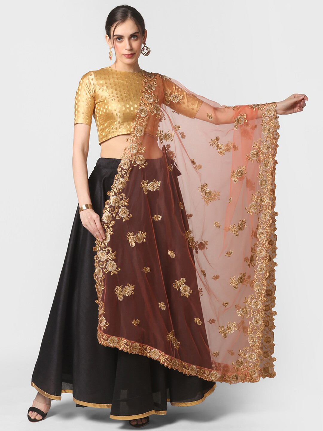 Dupatta Bazaar Peach-Coloured & Gold Embroidered Dupatta with Cutwork Details