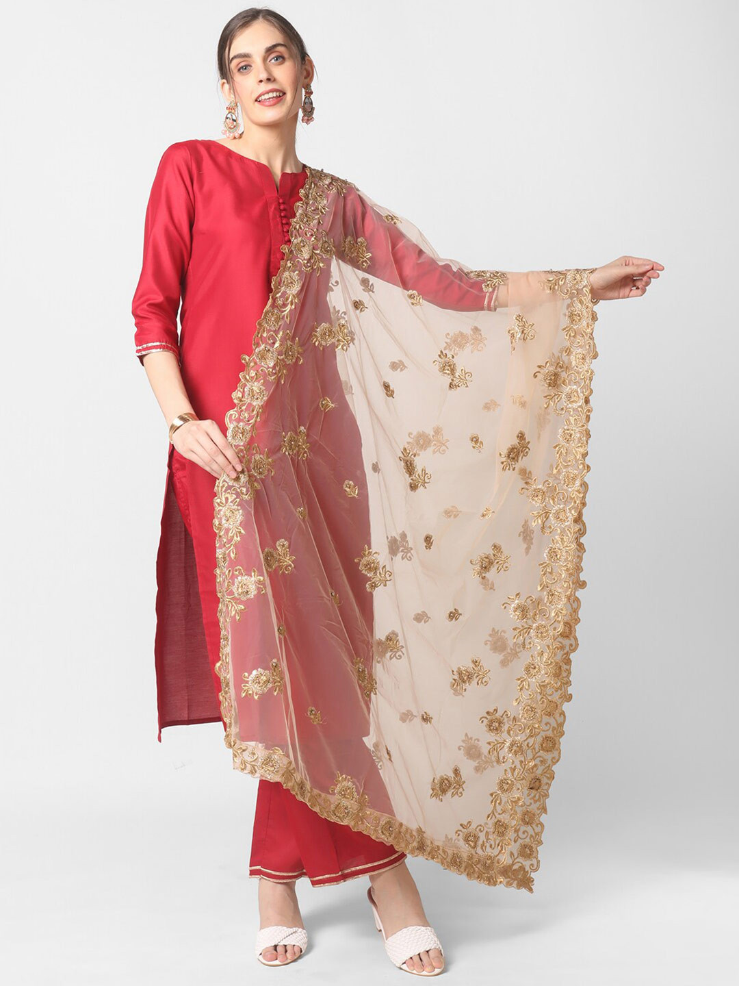 Dupatta Bazaar Gold Embroidered Dupatta with Beads and Stones & Cutwork Details