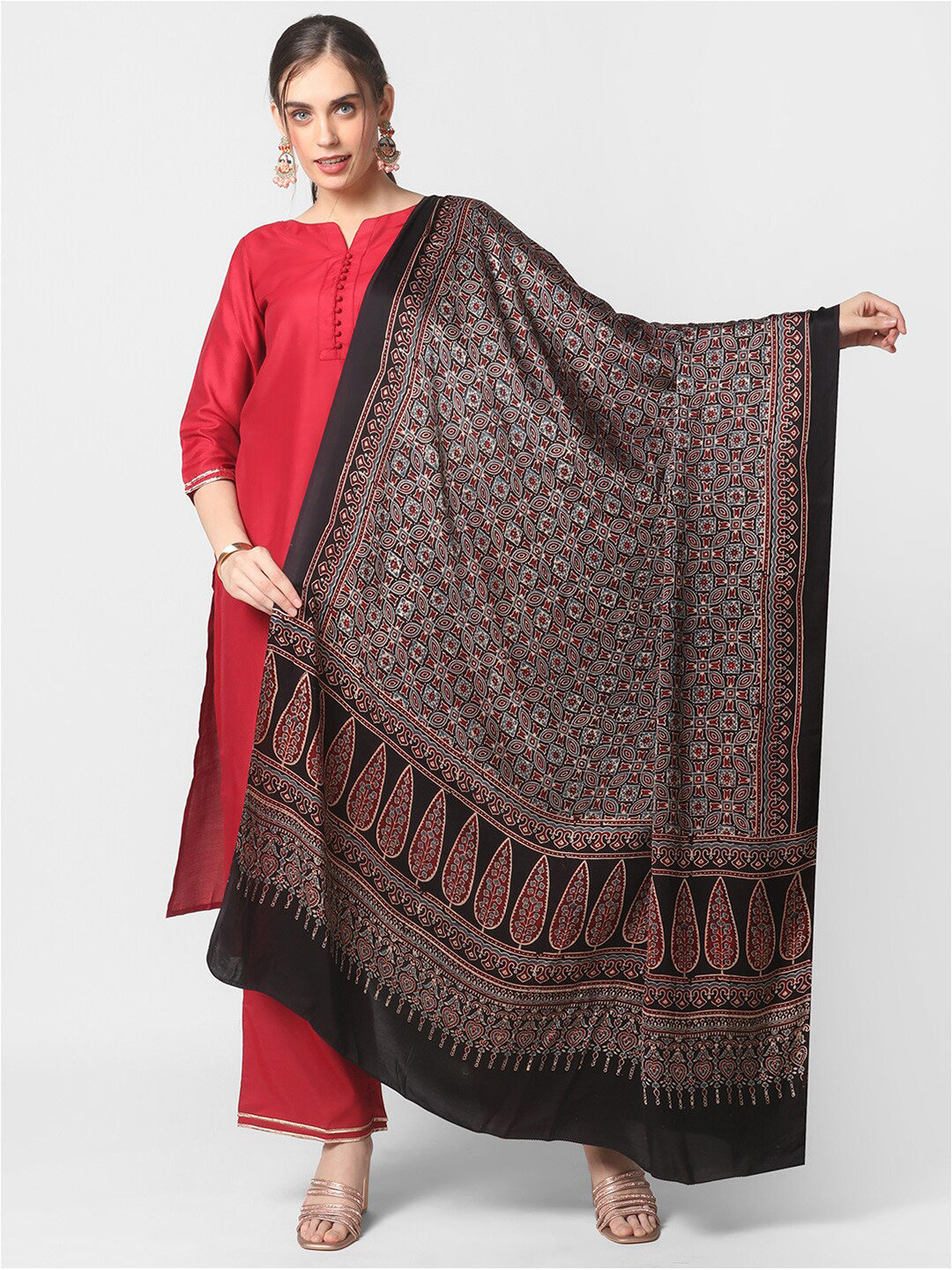 Dupatta Bazaar Black & Maroon Ajrakh Block Printed Pure Silk Dupatta