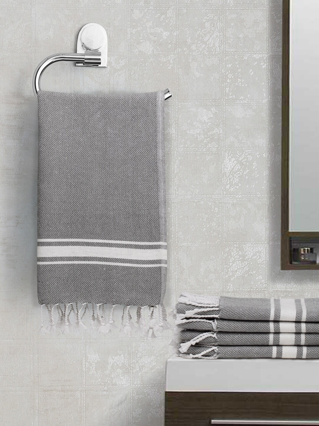 KLOTTHE Set Of 5 Grey & White Solid 300GSM Cotton Hand Towels