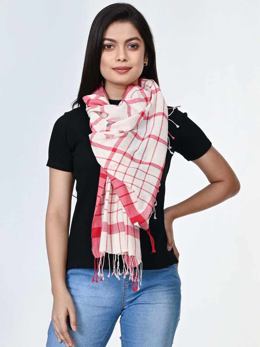 ArtEastri Women Cream-Coloured & Pink Woven Design Checked Pure Jamdani Cotton Stole