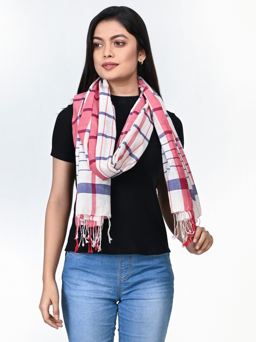 ArtEastri Women Cream-Coloured & Red Checked Woven Design Pure Jamdani Cotton Stole