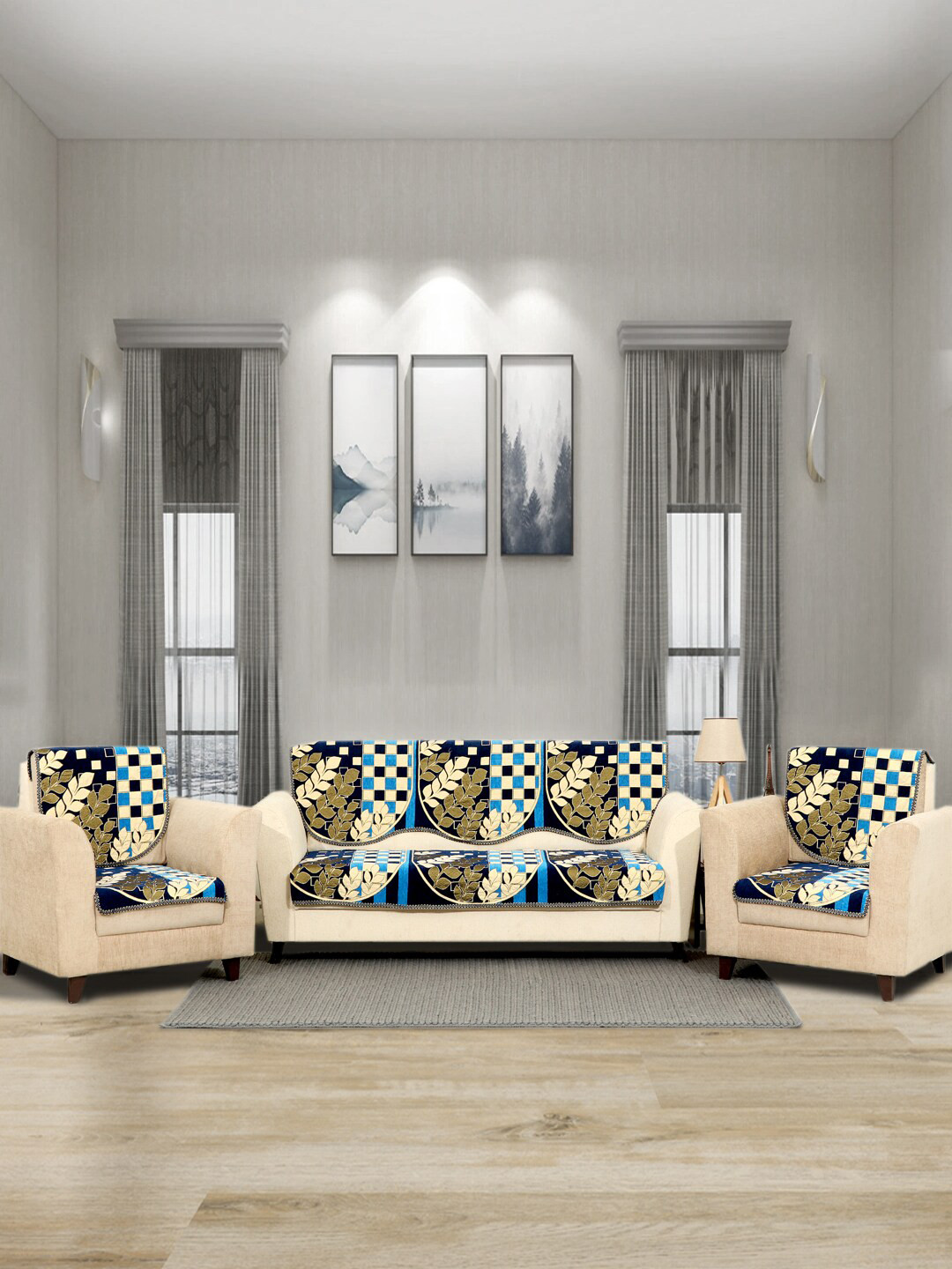 BELLA TRUE Set Of 6 Blue & Beige Leaf Printed Chennile 5-Seater Sofa Cover