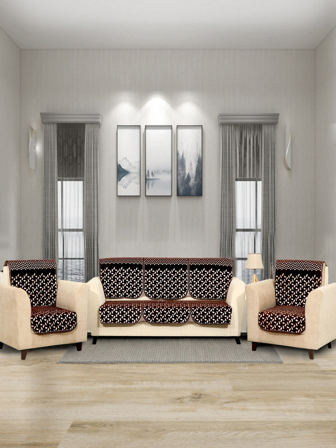 BELLA TRUE Set Of 6 Blue & Beige Patterned Chennile 5-Seater Sofa Cover