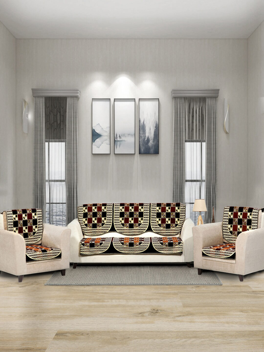 BELLA TRUE Set Of 6 Brown & Cream-Coloured Geometric Printed Chennile 5-Seater Sofa Cover