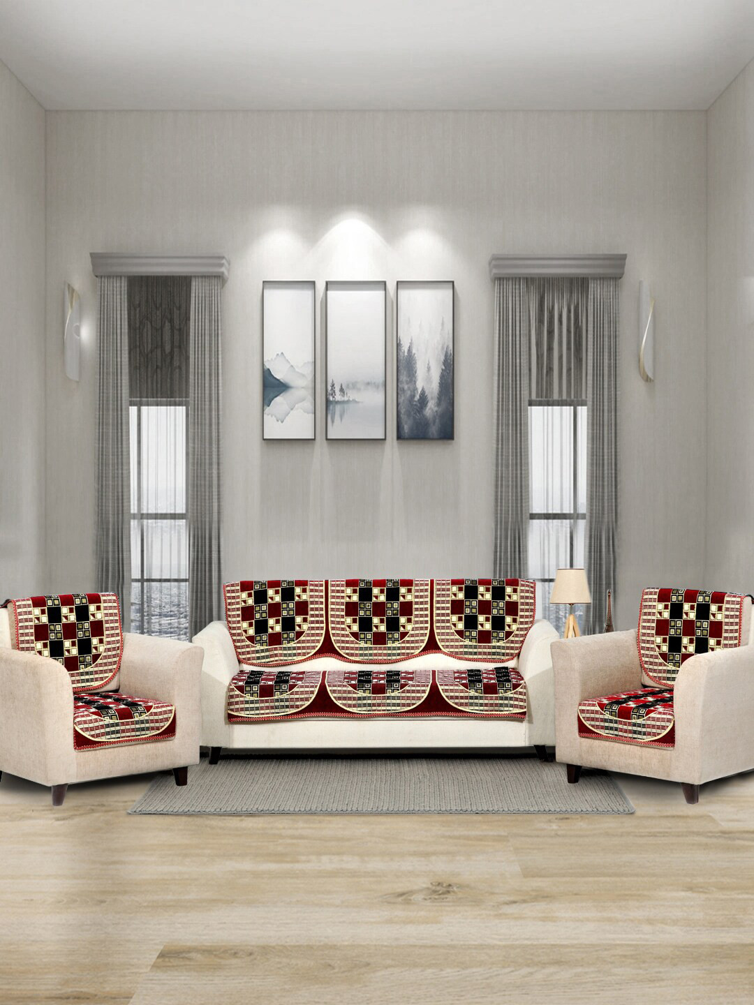 BELLA TRUE Geometric Maroon Checkered Chenille 10PC Straight 5 Seater Sofa Cover-27x27In
