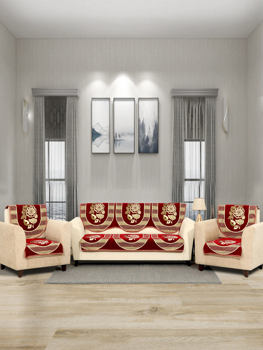 BELLA TRUE Maroon Floral Chenille 10PC Straight 5 Seater Sofa Cover-27x27In