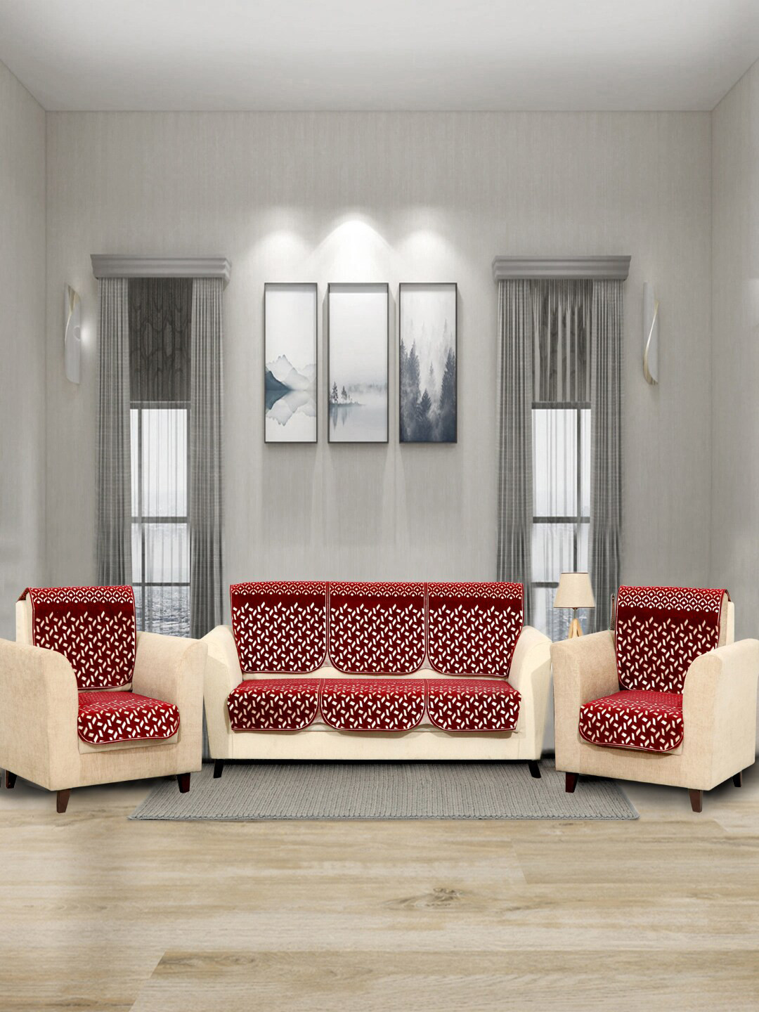 BELLA TRUE Set of 6 Maroon & White Geometric Printed 5-Seater Sofa Cover