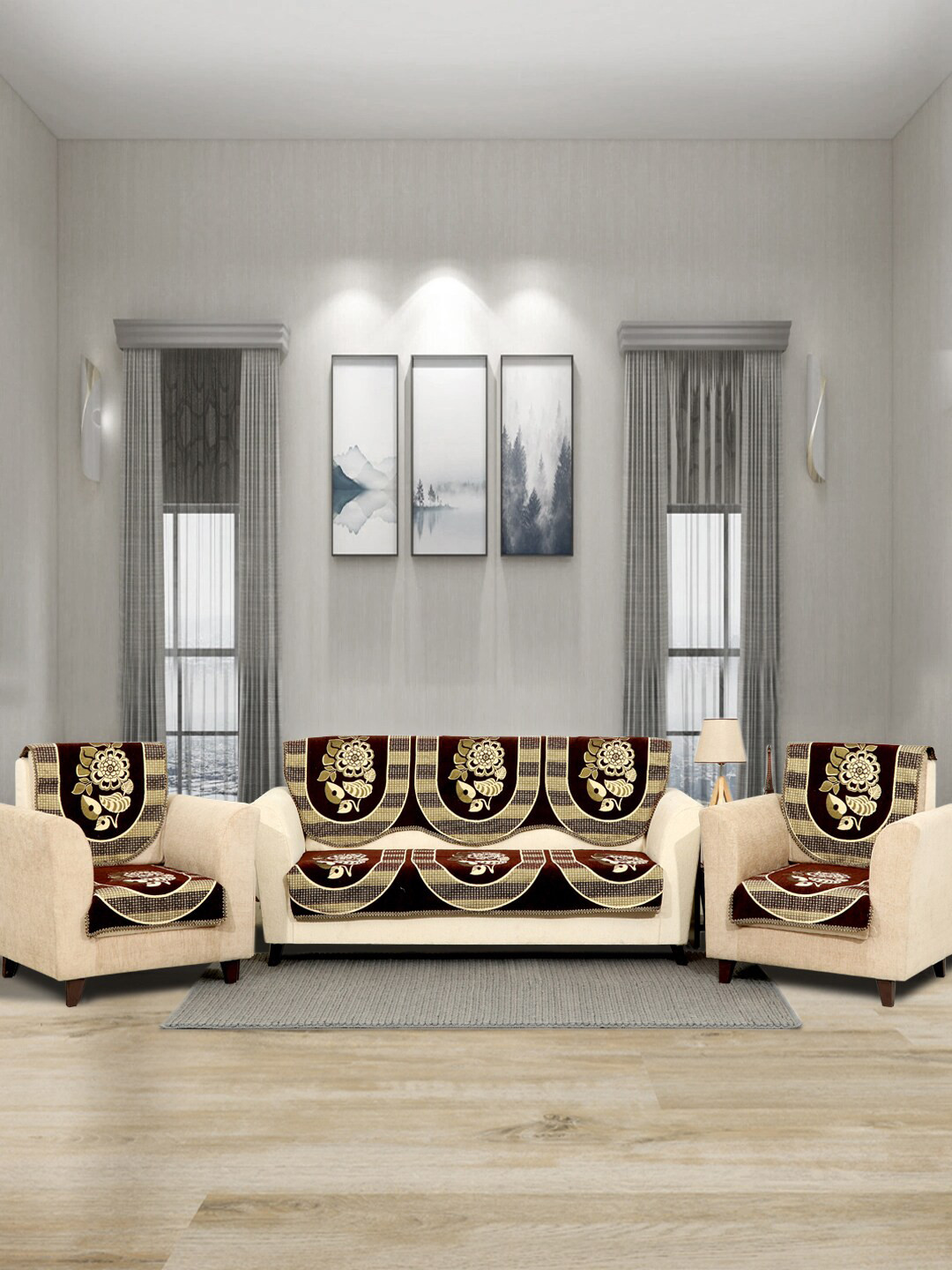BELLA TRUE Set Of 6 Brown & Beige Flower Printed Chennile 5-Seater Sofa Cover