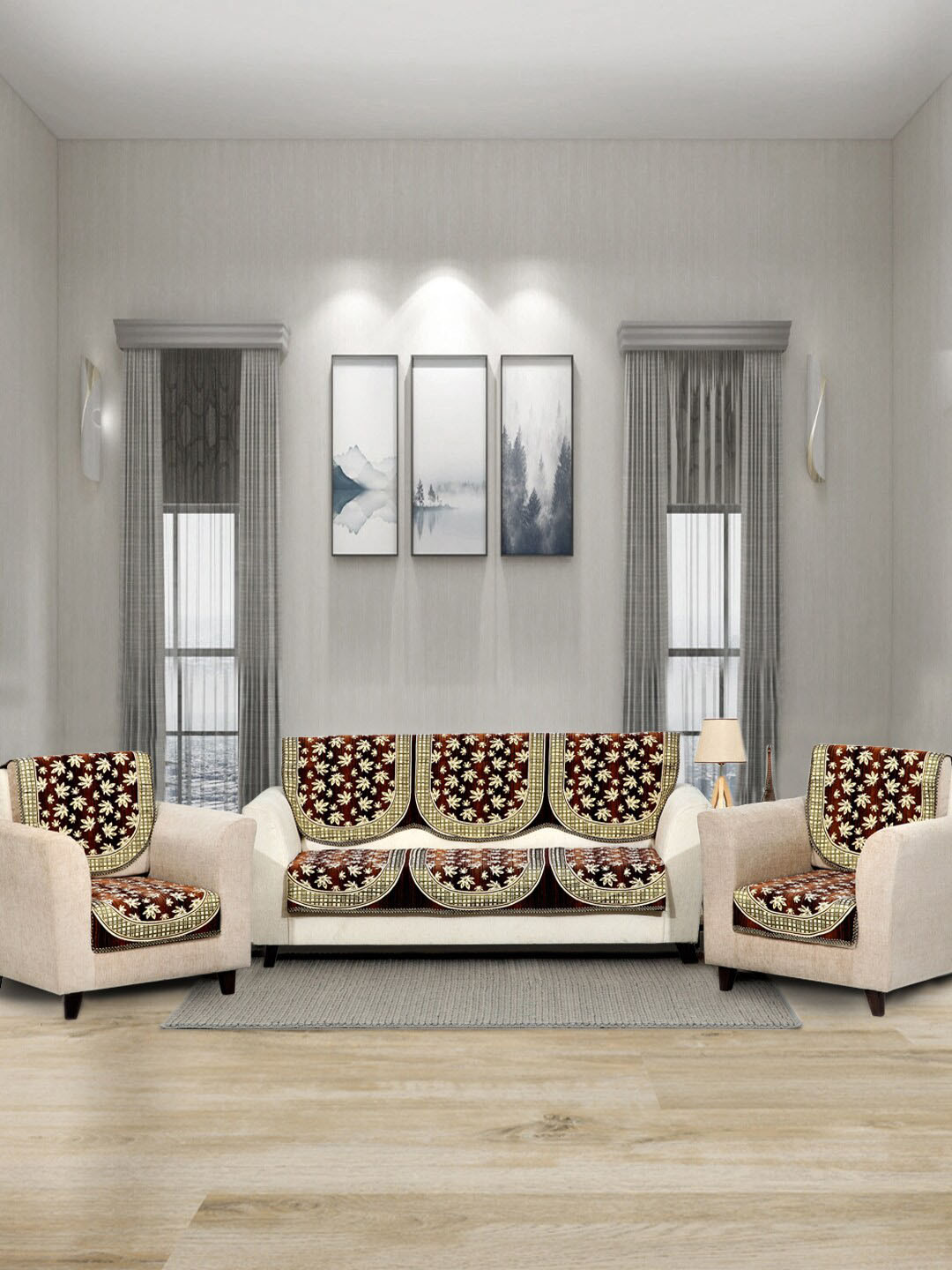 BELLA TRUE Small Flower Brown Floral Chenille 10PC Straight 5 Seater Sofa Cover-27x27In