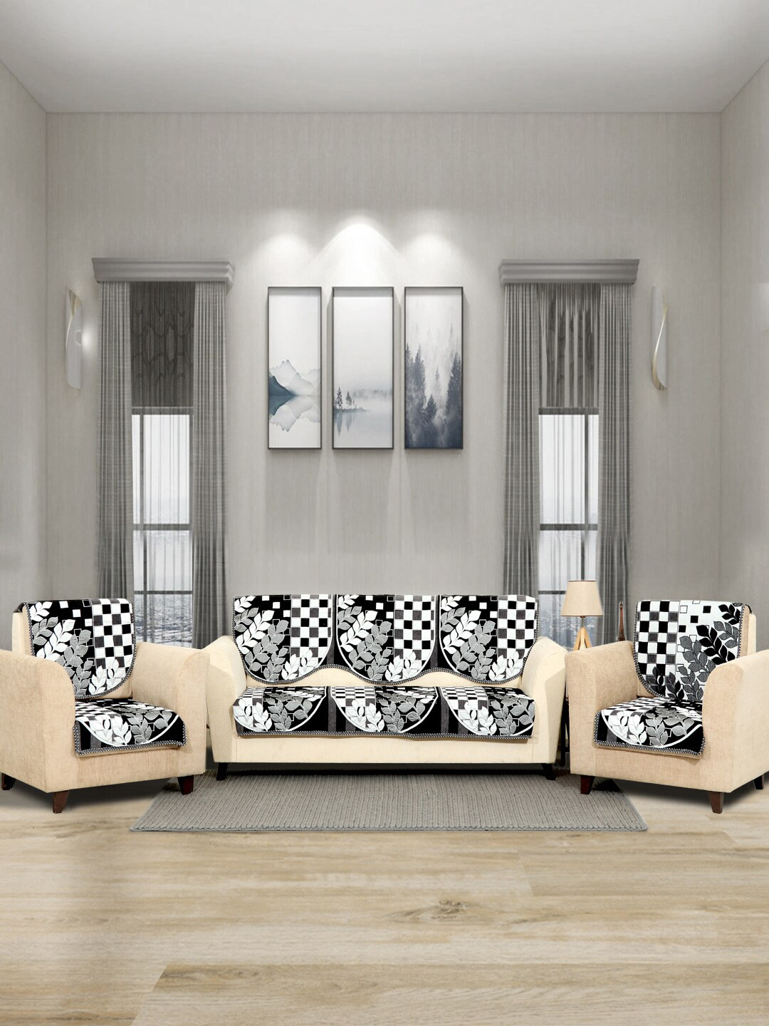 BELLA TRUE Set Of 6 Black & White Printed 5-Seater Sofa Covers