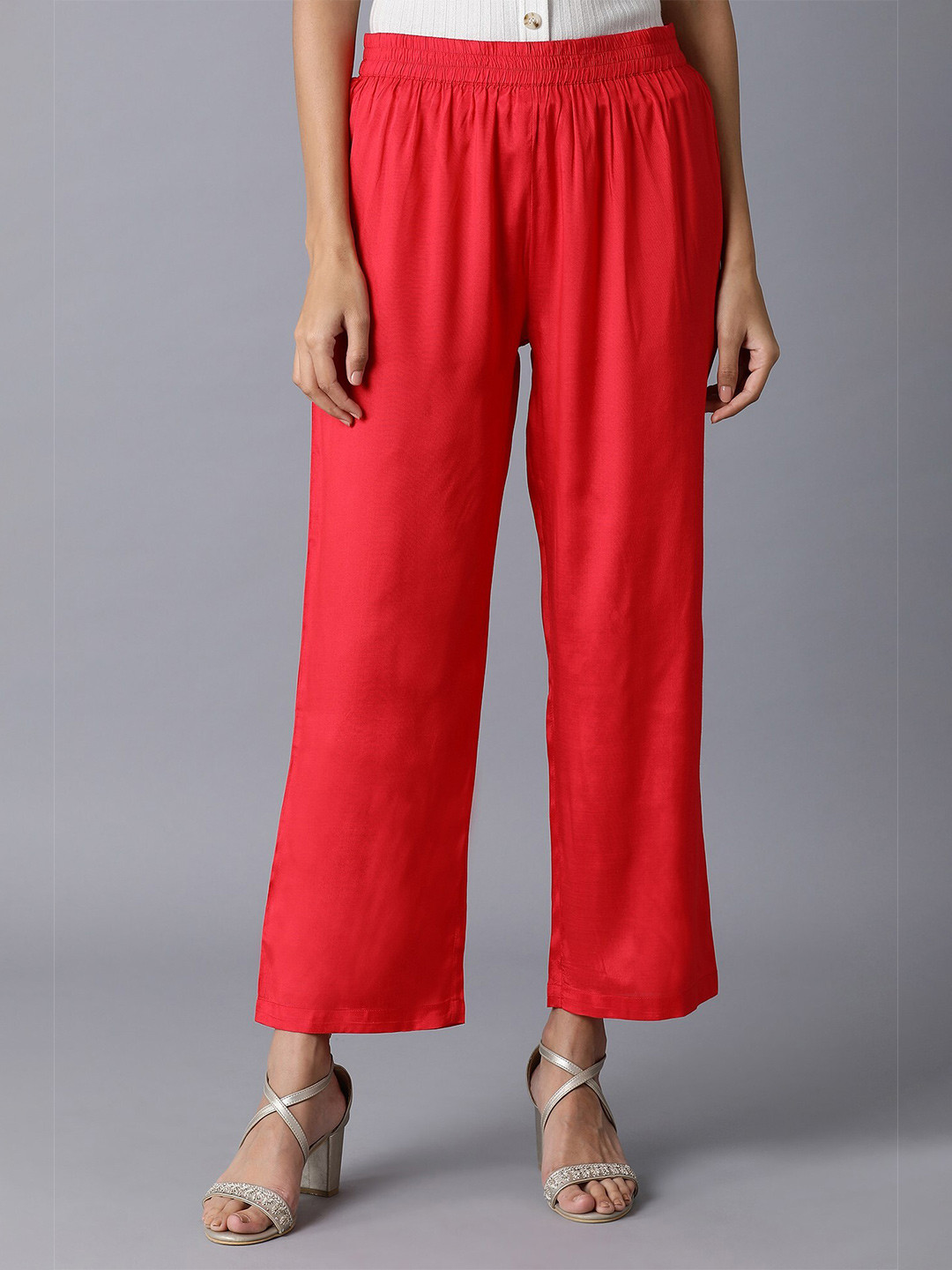 WISHFUL Women Red Cropped Straight Fit Ethnic Palazzos