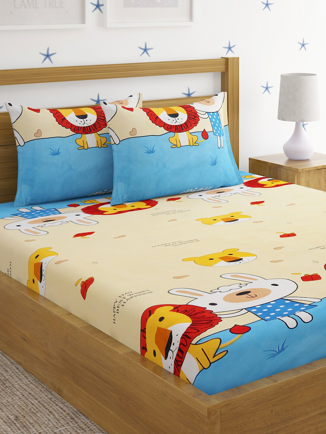 HOSTA HOMES Cream Cartoon Characters Cotton 220 TC Queen Fine Bedsheet with 2 Pillow Covers-90 x 100 inches