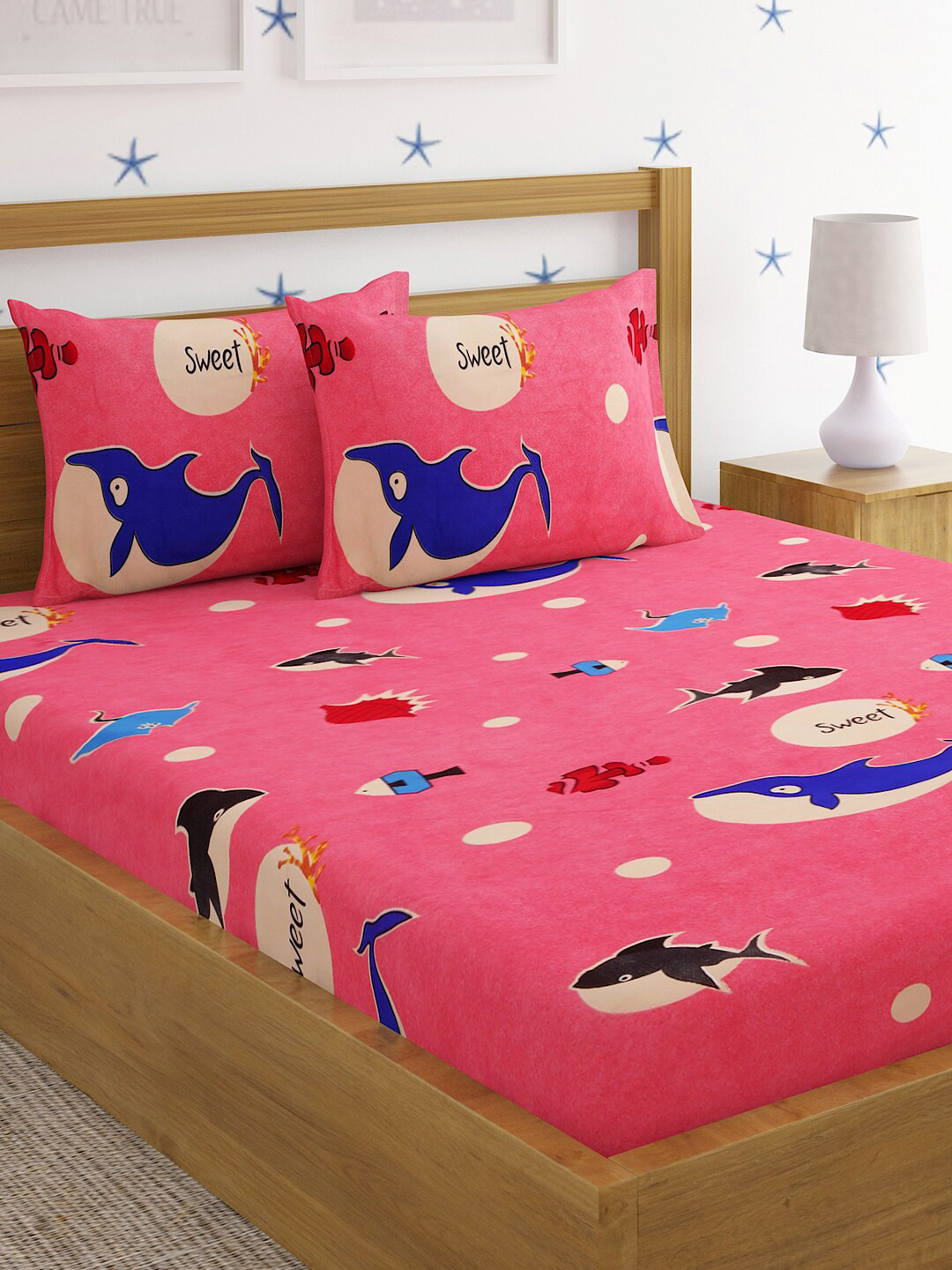 HOSTA HOMES Glaced Pink Animal Polycotton 220 TC Fitted Queen Fine Bedsheet with 2 Pillow Covers-90 x 100 inches
