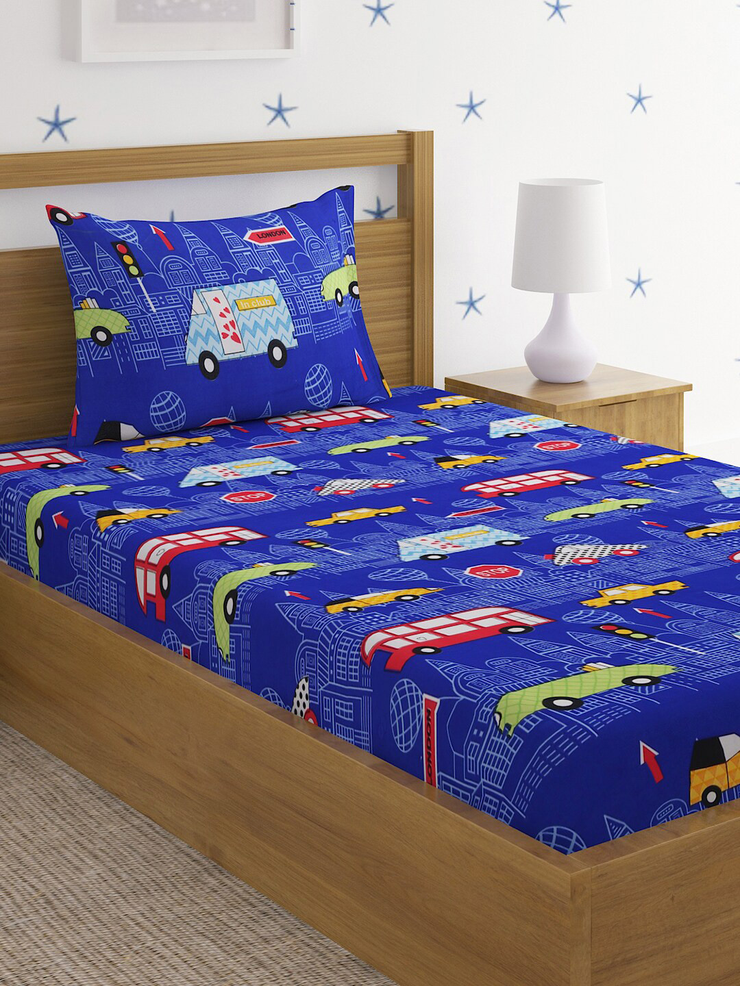 HOSTA HOMES Glaced Blue Conversational Polycotton 220 TC Fitted Single Fine Bedsheet with 2 Pillow Covers-59 x 90 inches