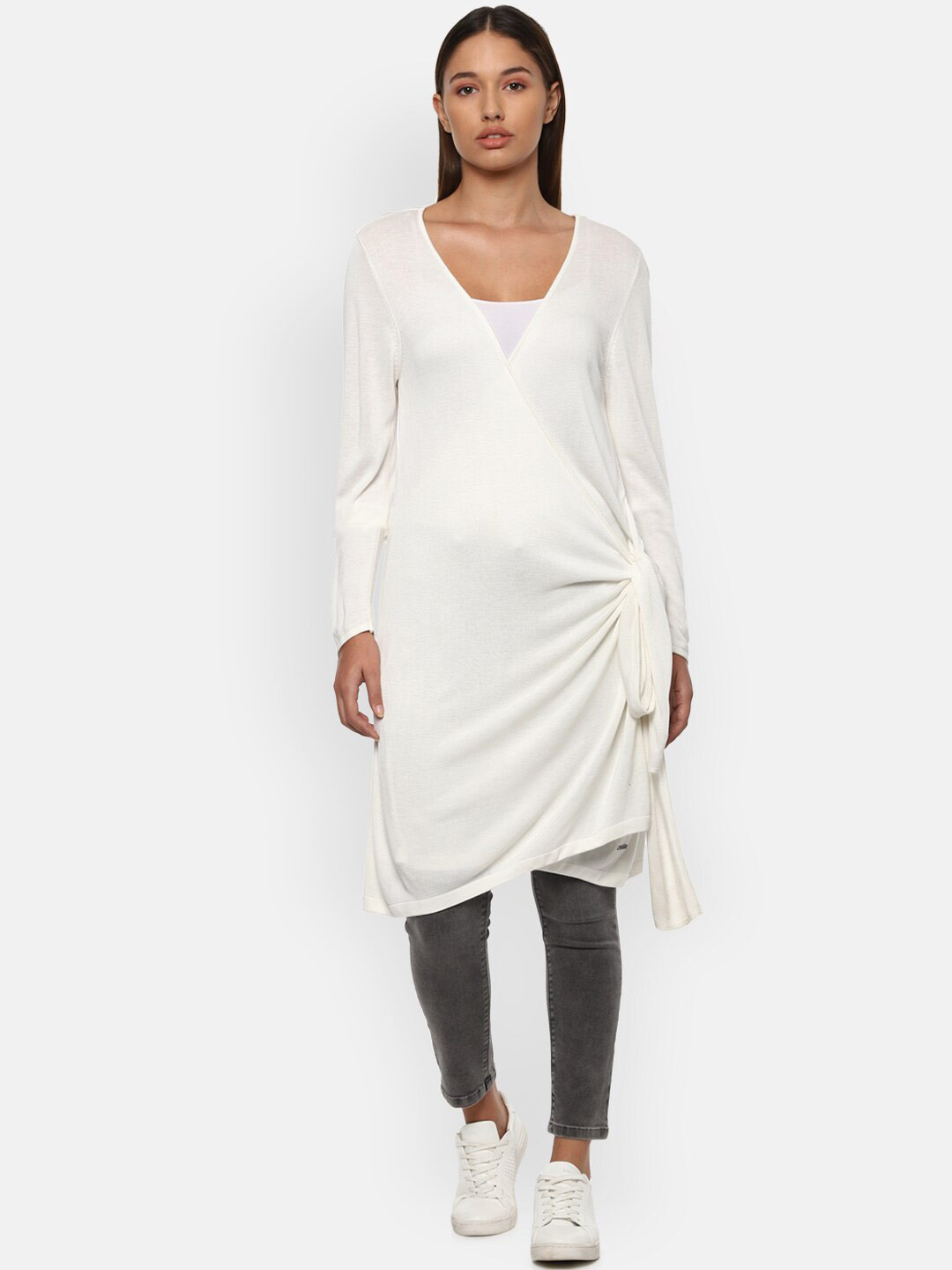 Van Heusen Woman White Solid Longline Sweater With Tie-Up
