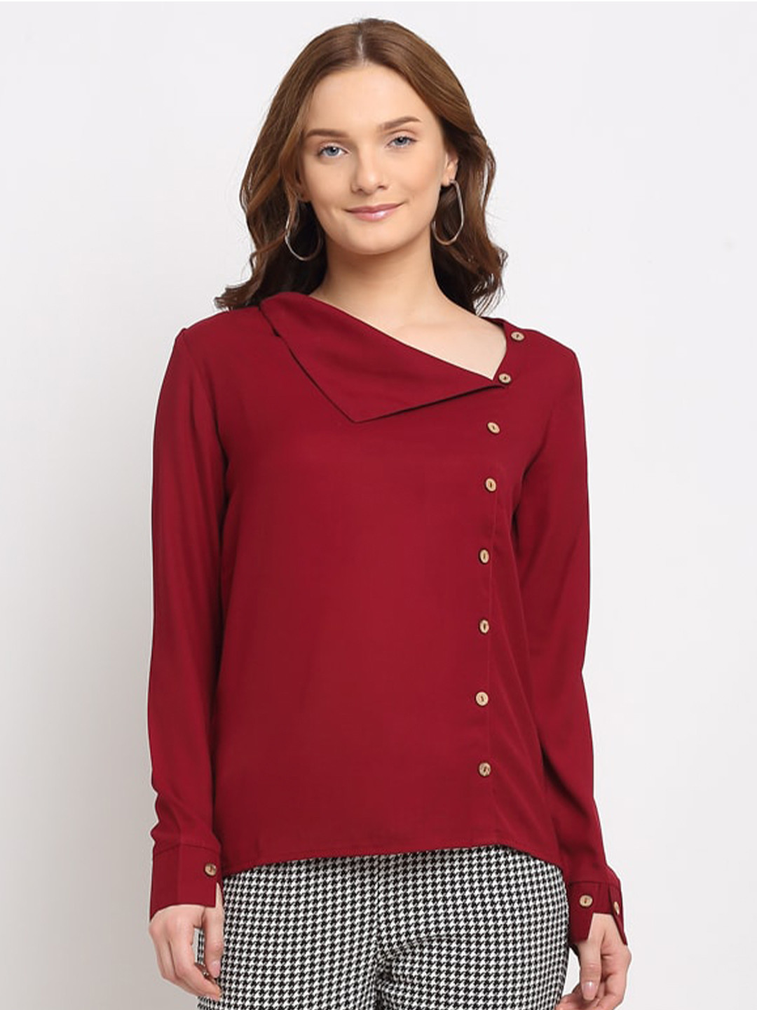 La Zoire Maroon Fake Placket Regular Top