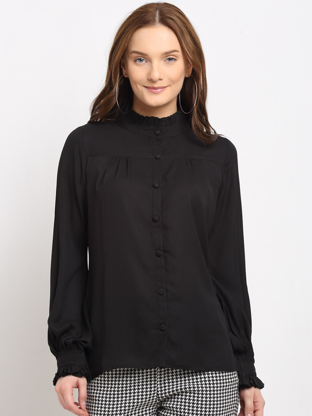 La Zoire Black Mandarin Collar Shirt Style Top with Frilled Details