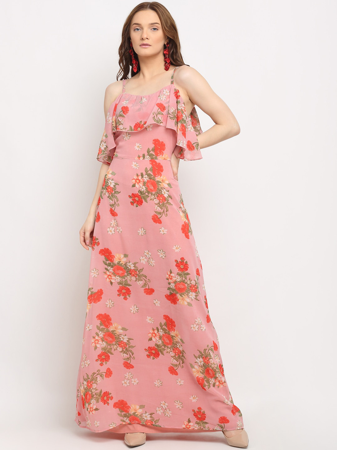 La Zoire Pink & Red Floral Maxi Dress with Ruffled Details