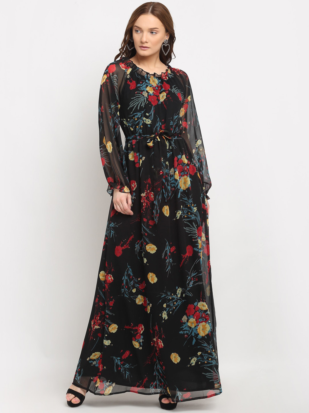 La Zoire Black Floral Frilled Maxi Dress with Tie Up Belt