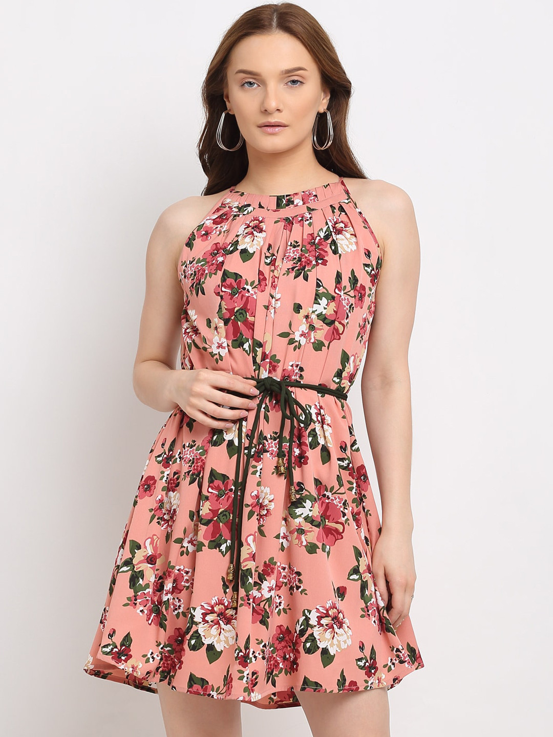 La Zoire Pink & White Floral Halter Neck Dress with Tie up Details
