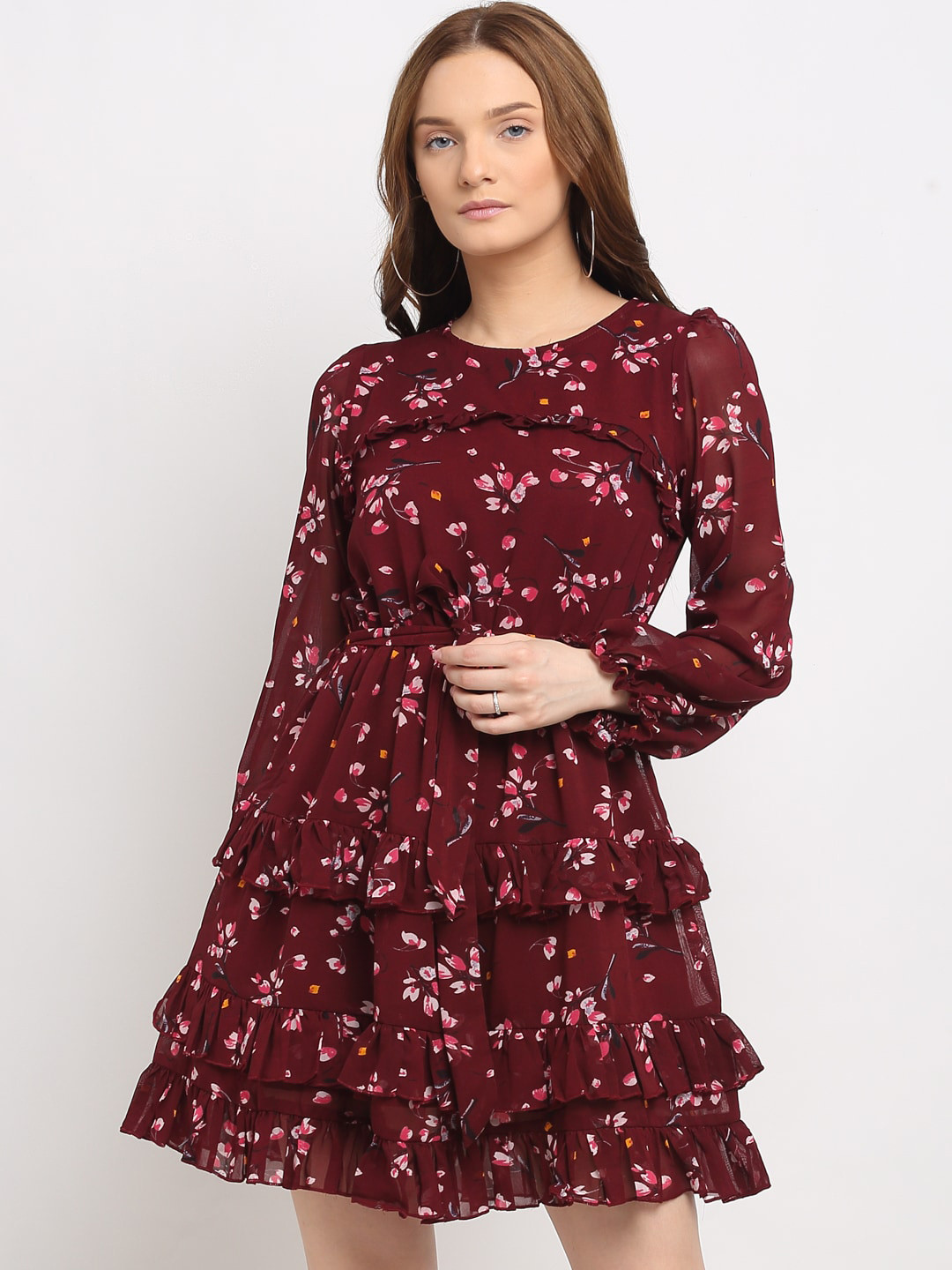 La Zoire Maroon Floral Tiered Dress with Ruffle Detail