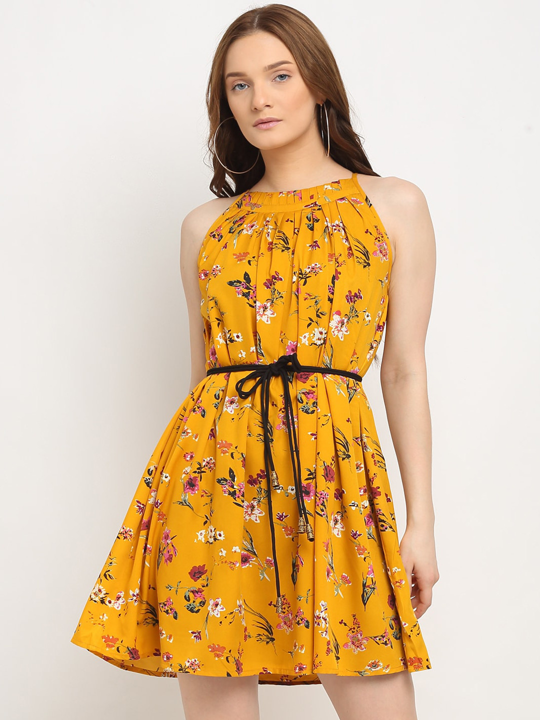 La Zoire Mustard Yellow & Green Floral Dress with Tie Up Detail