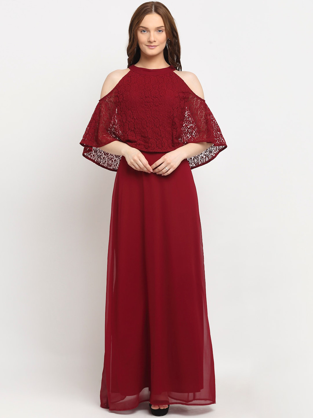 La Zoire Maroon Cold Shoulder Lace Maxi Dress