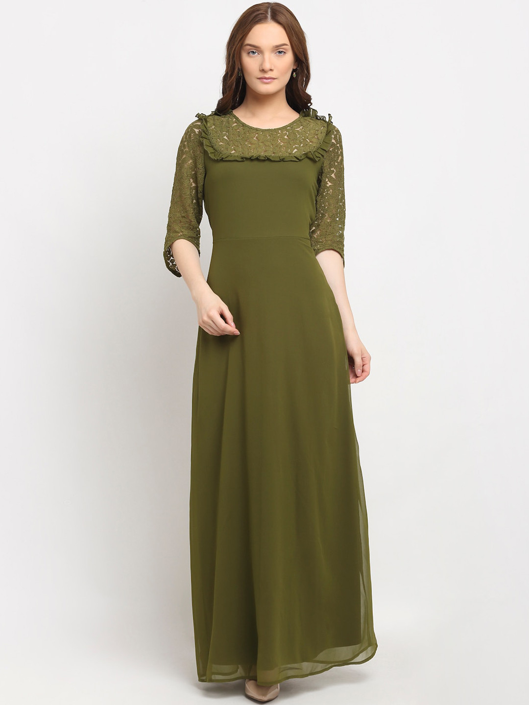 La Zoire Olive Green Lace Yoke Ruffled Maxi Dress
