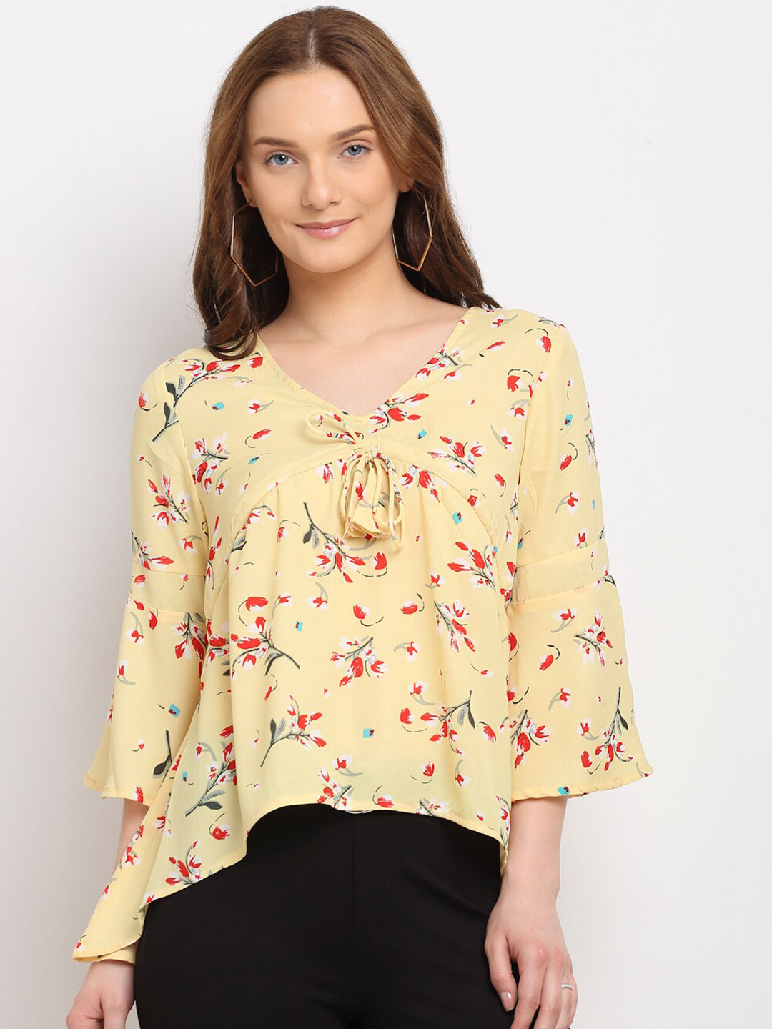 La Zoire Yellow & Red Floral Printed High-Low Top