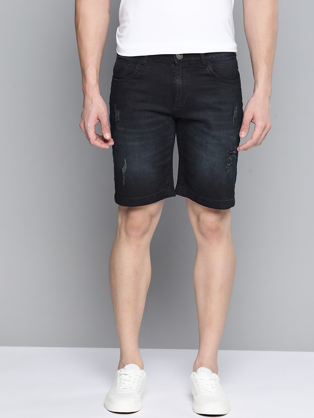 Mast & Harbour Men Navy Blue Washed Denim Shorts