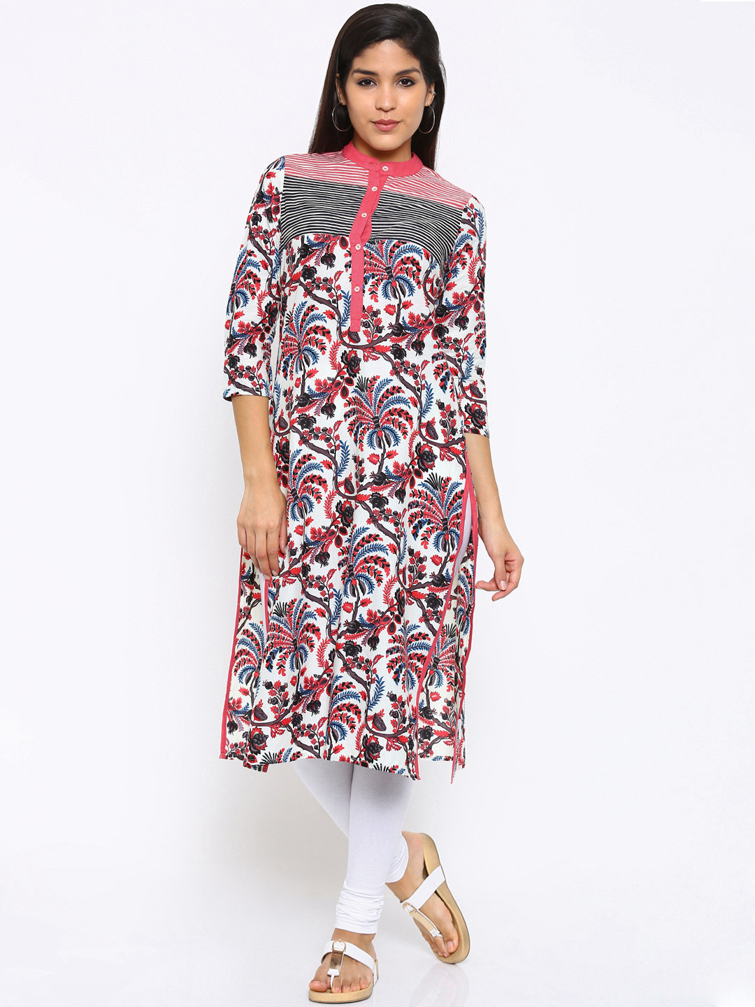 Vishudh Women Cream-Coloured & Pink Printed Kurta