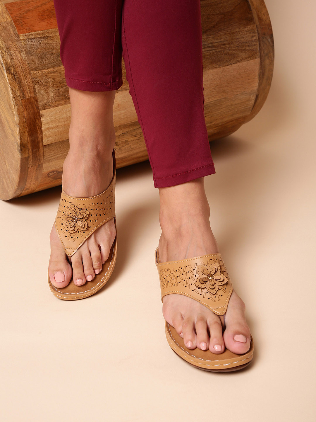 Liberty  Women Tan Textured PU Comfort Sandals with Laser Cuts