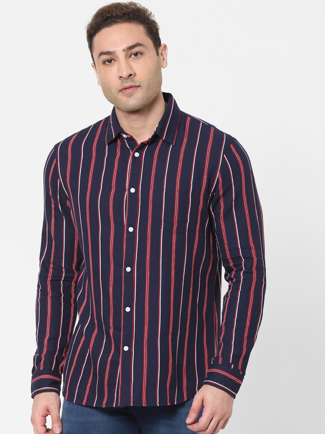 Celio Men Navy Blue & Red Vertical Striped Cotton Casual Shirt