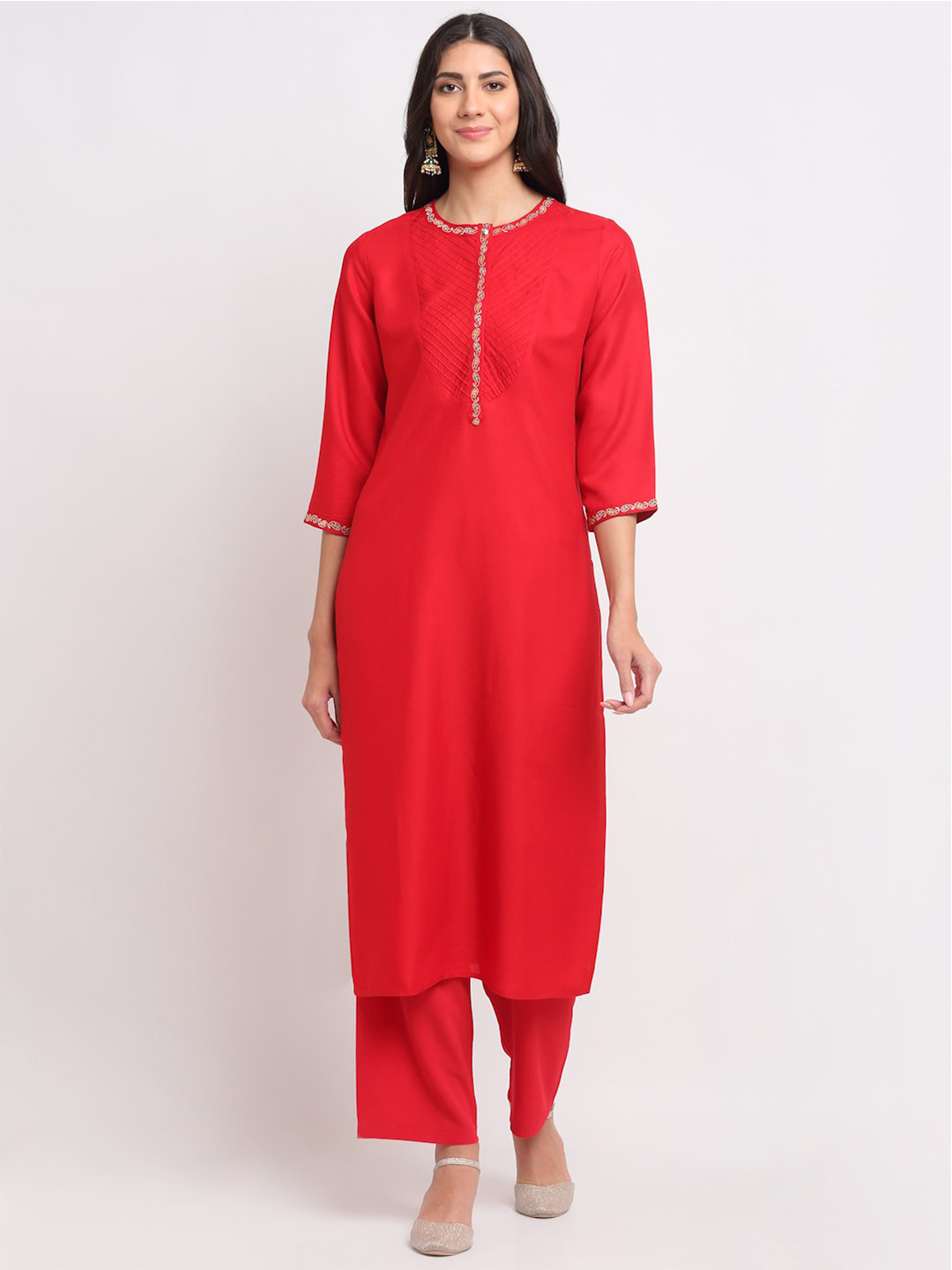 BLANC9 Women Red Embroidered Kurta