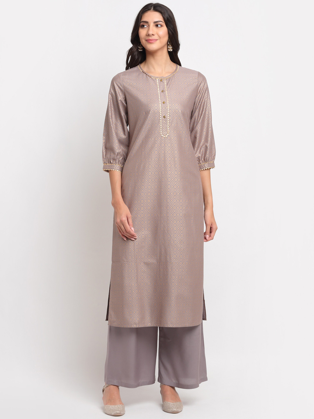 BLANC9 Women Grey Geometric Printed Gotta Patti Kurta