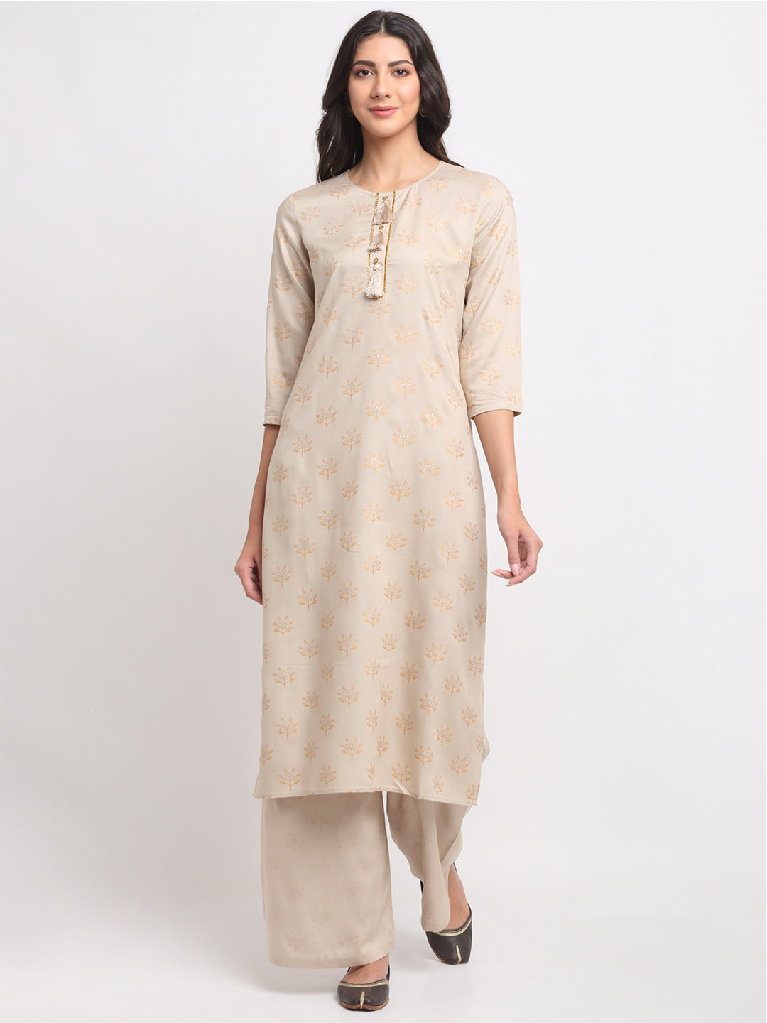 BLANC9 Women Beige Geometric Printed Kurta