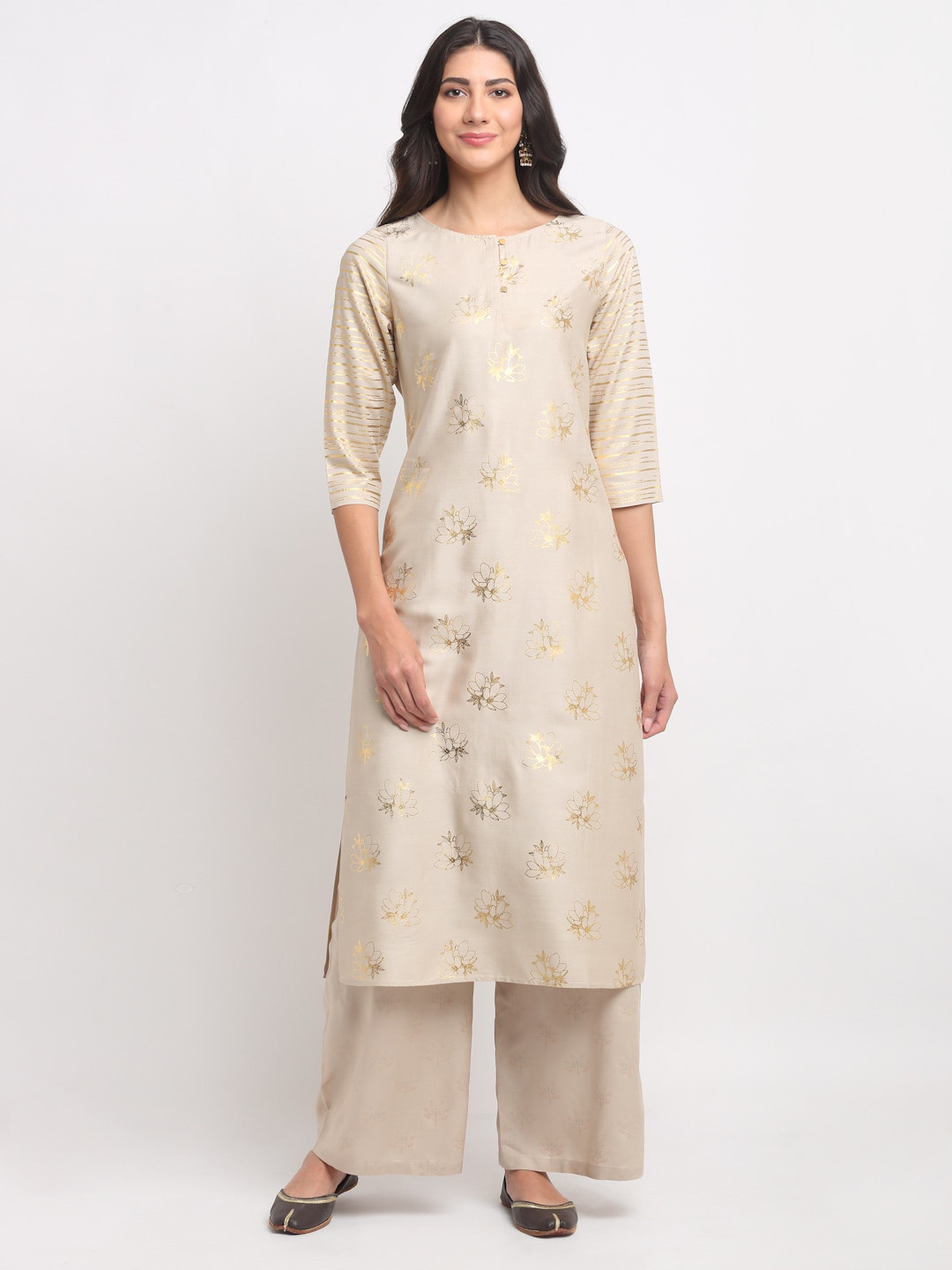 BLANC9 Women Beige & Gold-Toned Ethnic Motifs Printed Kurta