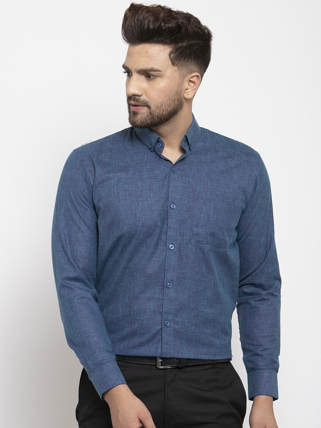 JAINISH Men Blue Classic Self Design Button-Down Collar Cotton Formal Shirt