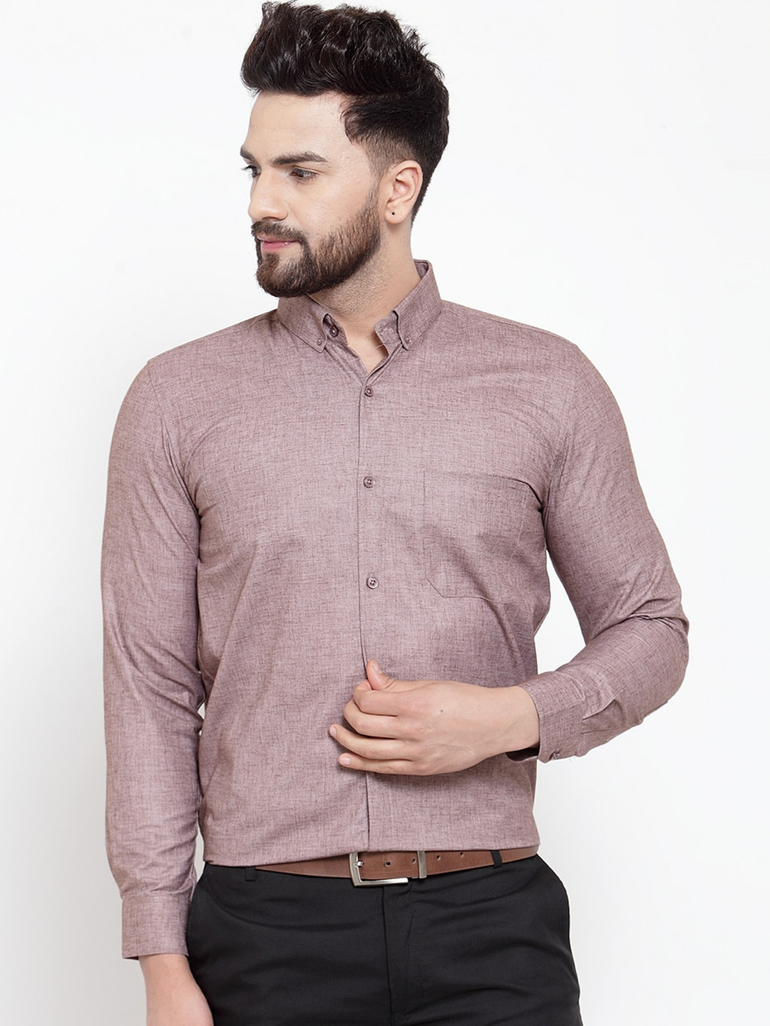 JAINISH Men Mauve Classic Self Design Button-Down Collar Cotton Formal Shirt