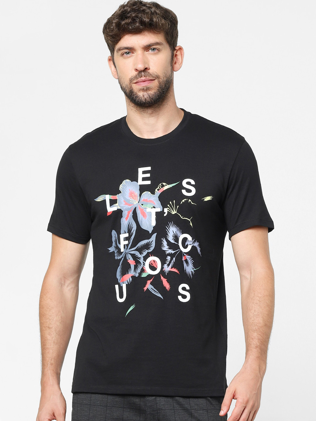 Celio Men Black Graphic Printed Cotton Pure Cotton T-shirt