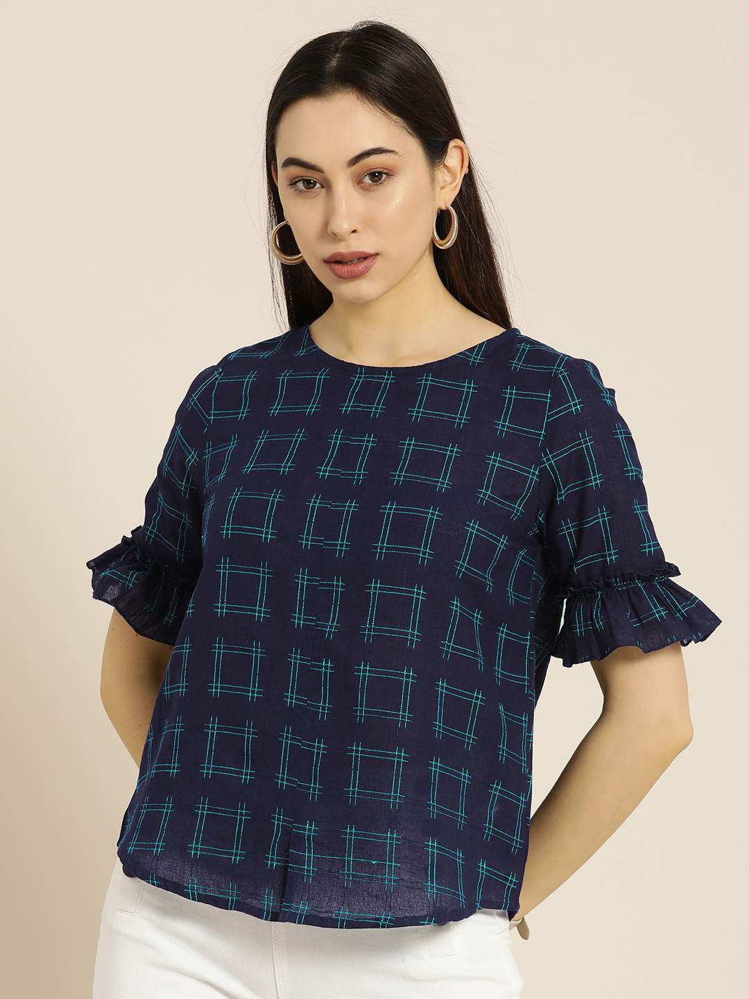 ether Kora Collection Navy Blue Checked Pure Cotton Handloom Sustainable Top