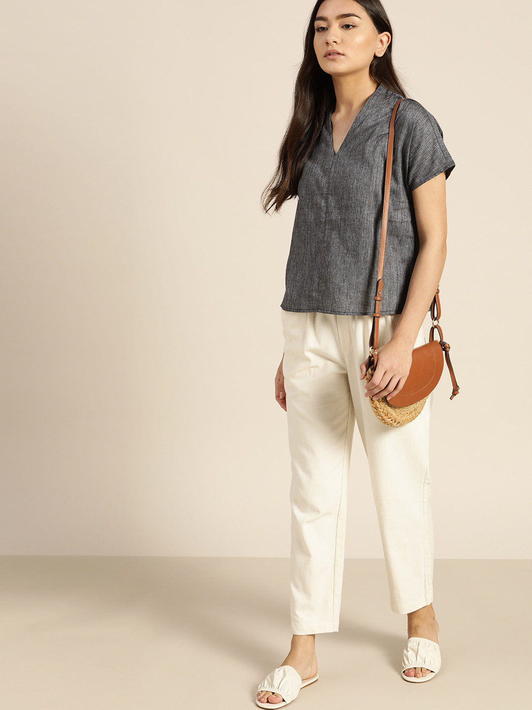 ether Kora Collection Charcoal Grey  Cotton Extended Sleeves  Top