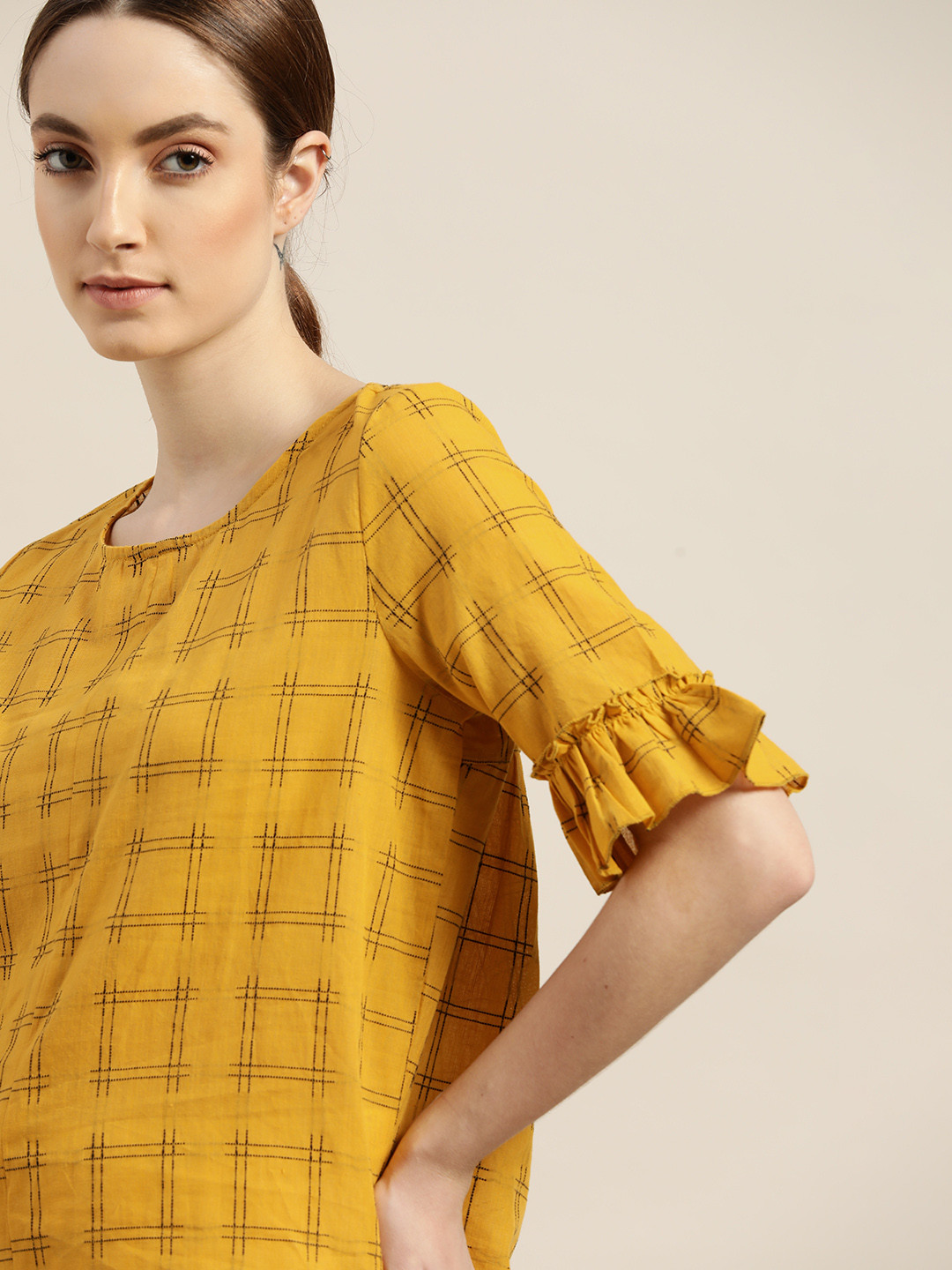 ether Kora Collection Mustard Yellow & Black Pure Cotton Checked Handloom top