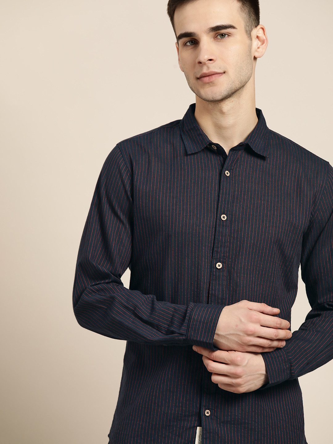 ether Kora Collection Men Navy Blue Striped Handloom Shirt