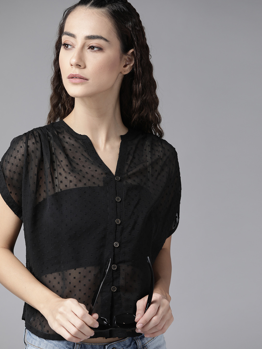 Roadster Women Black Sheer Casual Shirt