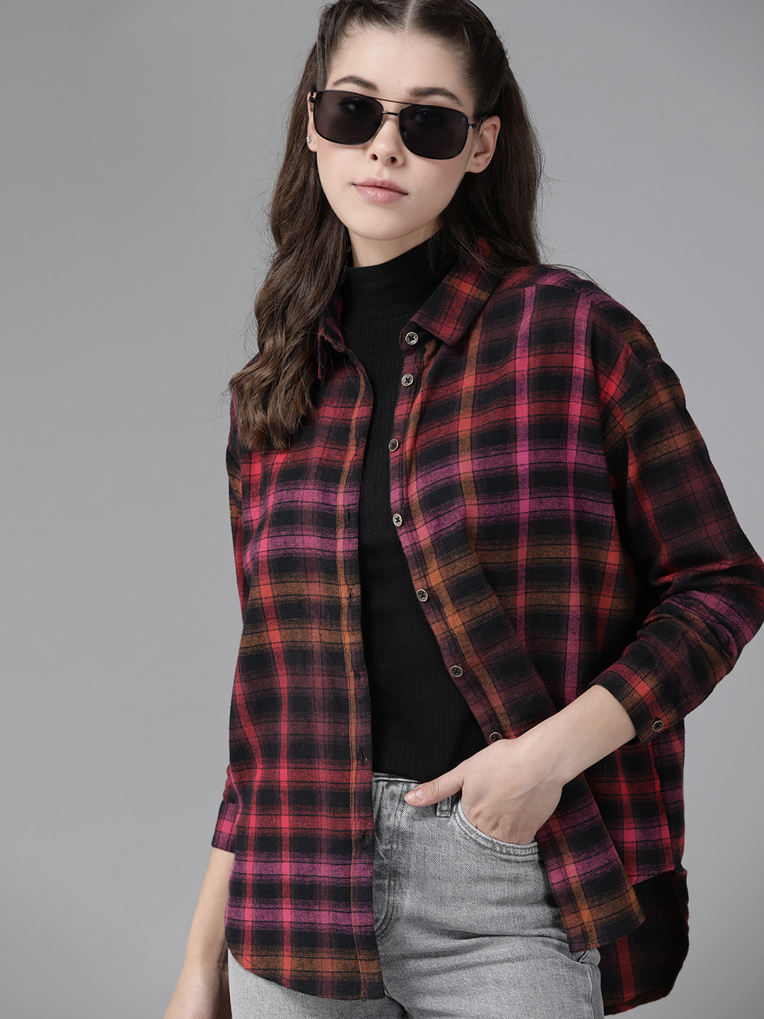 Roadster Women Black & Pink  Cotton Checked Casual Flannel Shirt
