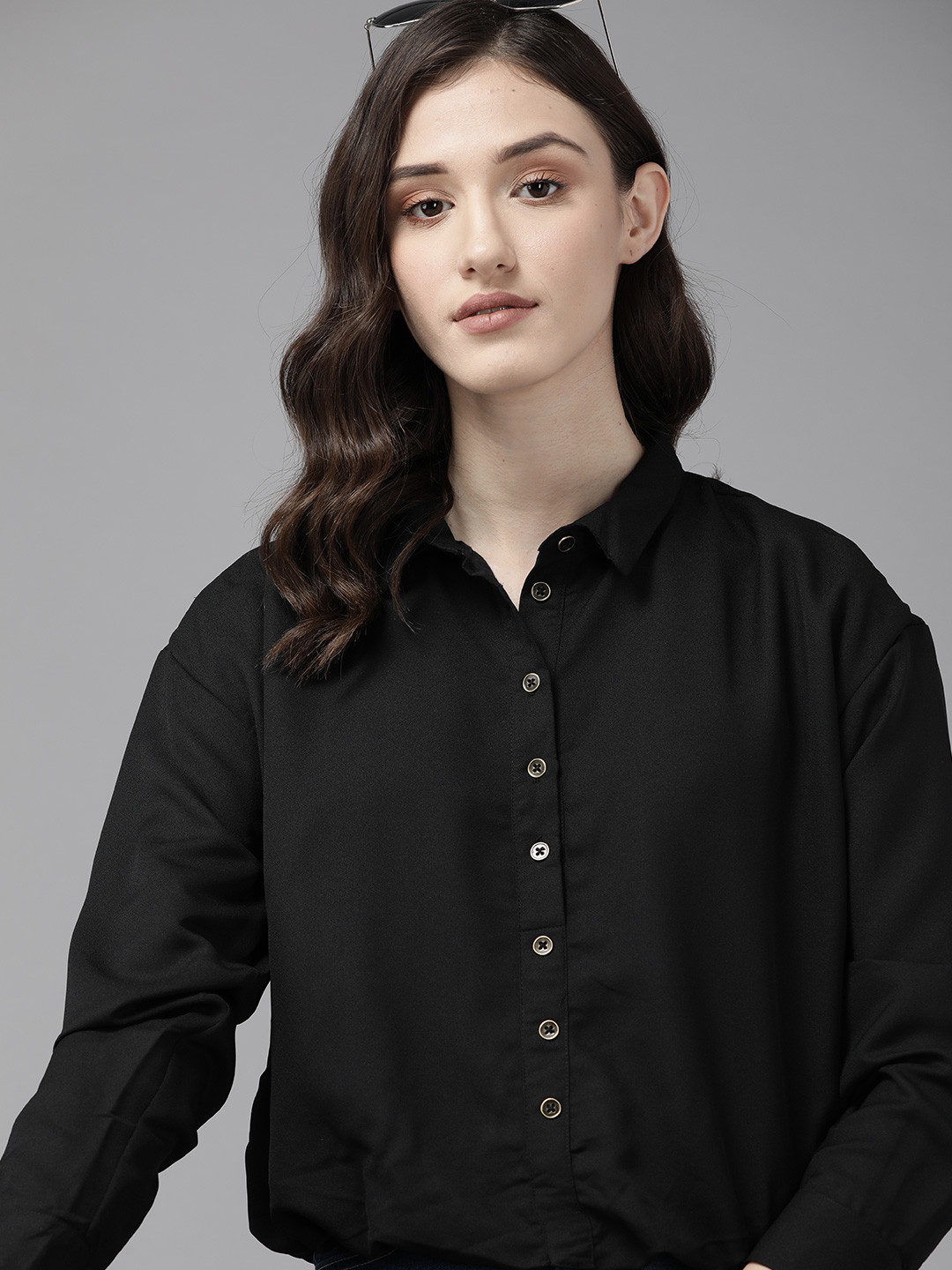 The Roadster Lifestyle Co. Black Shirt Style Crop Top
