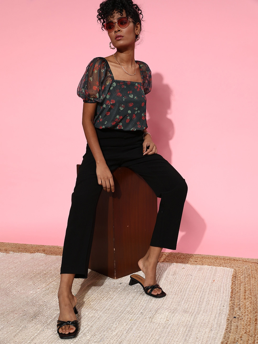 Roadster Women Black & Red Floral Print Sheer Puff Sleeves Cropped Top